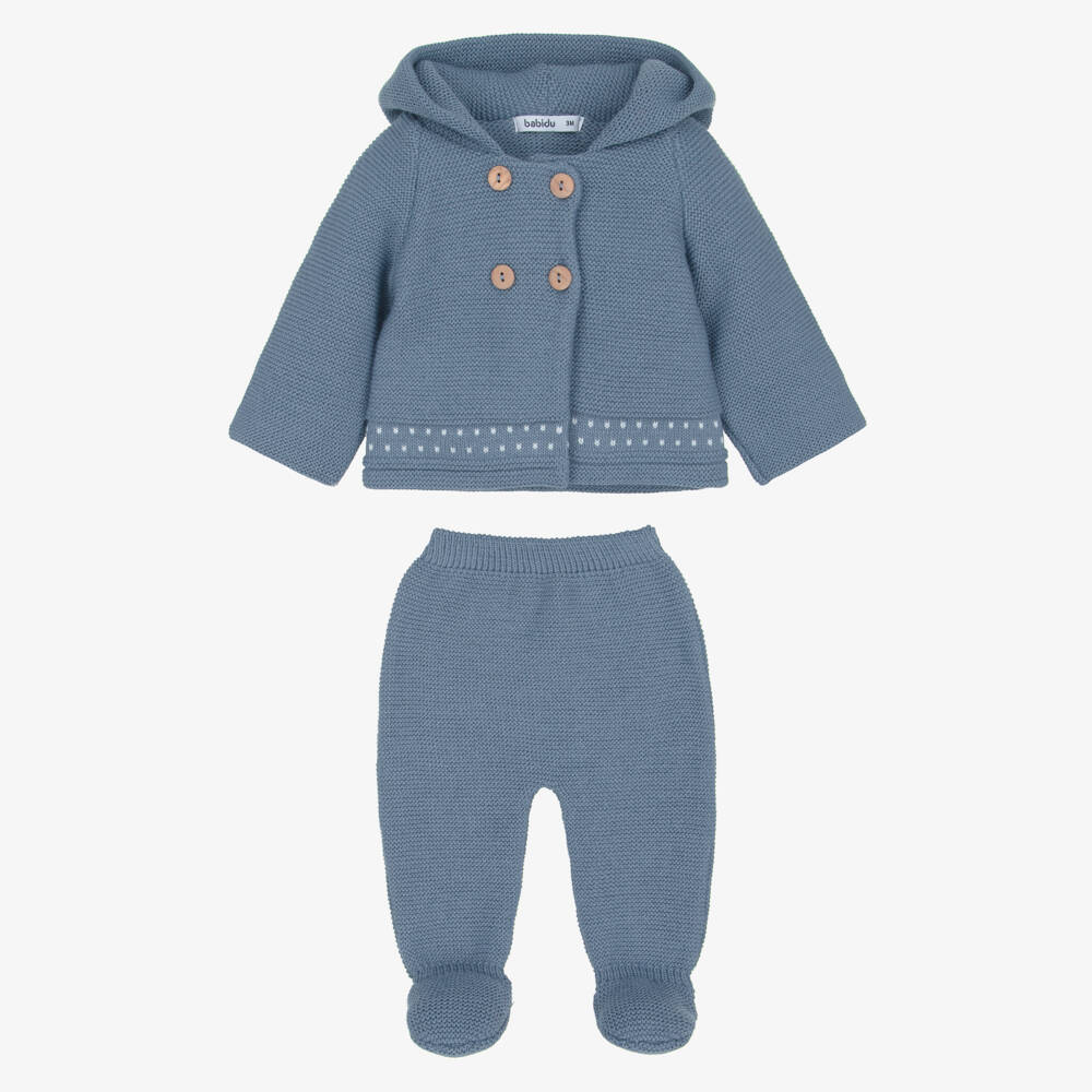 Babidu-Slate Blue Knitted Pram Coat & Bottoms Set | Childrensalon