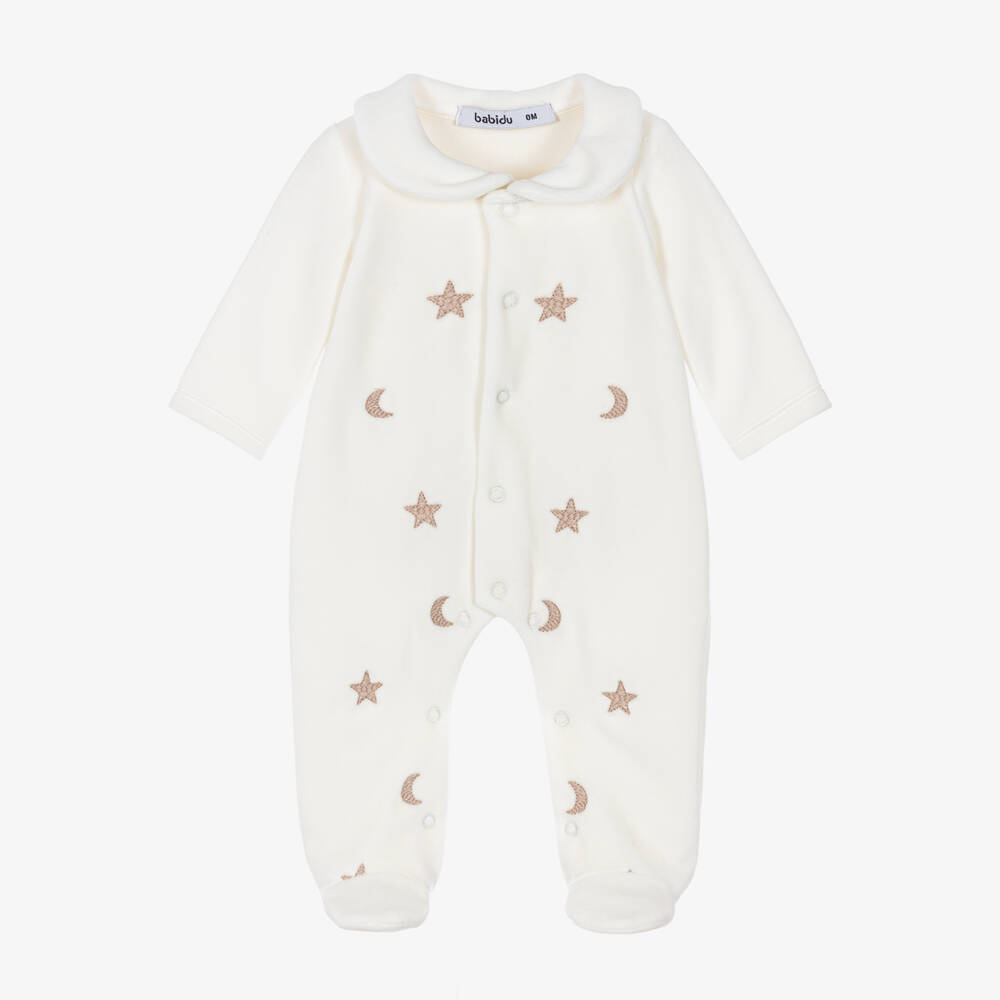 Babidu-Velour Babygrow Embroidered with Stars and Moons | Childrensalon
