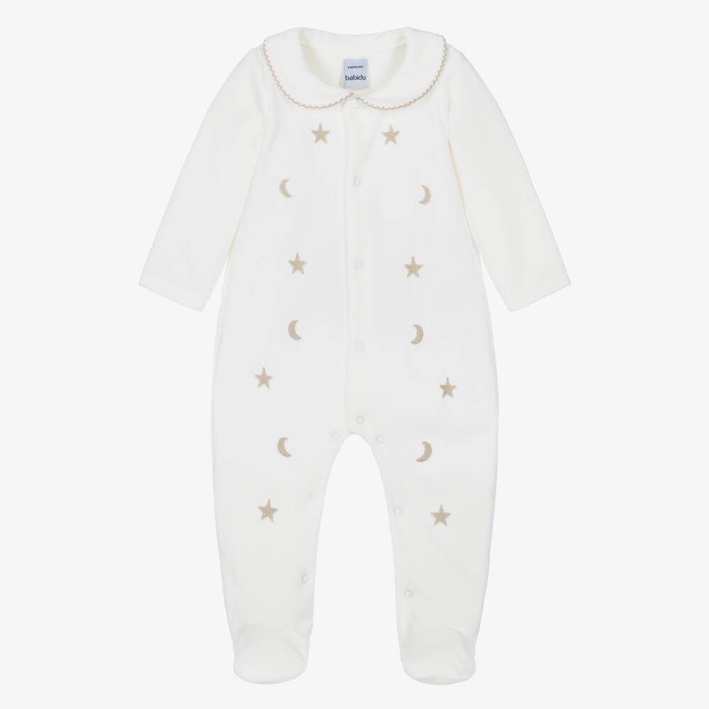 Babidu-Velour Babygrow Embroidered with Stars and Moons | Childrensalon