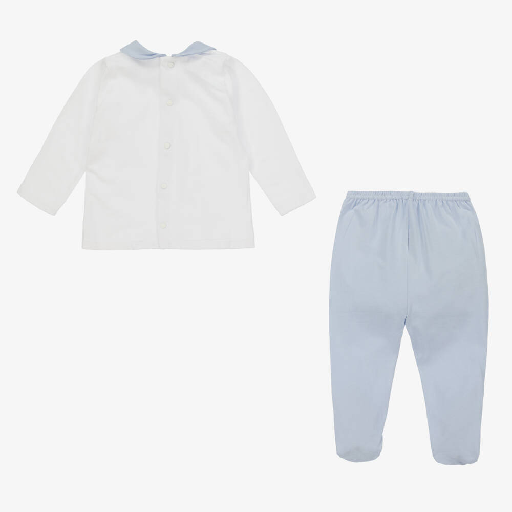 Babidu-White & Blue Cotton 2 Piece Babygrow | Childrensalon