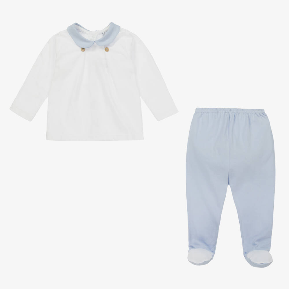 Babidu-White & Blue Cotton 2 Piece Babygrow | Childrensalon