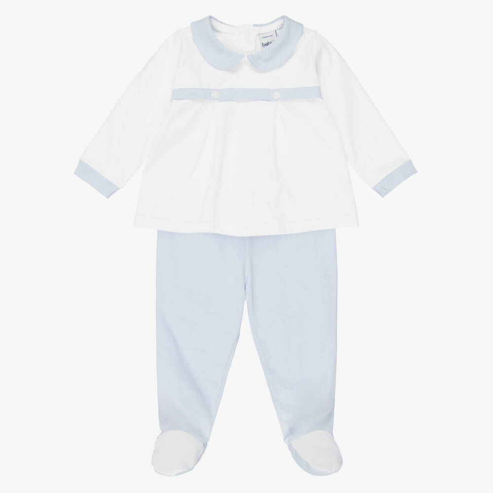 Babidu-White & Blue Cotton Jersey 2 Piece Babygrow | Childrensalon
