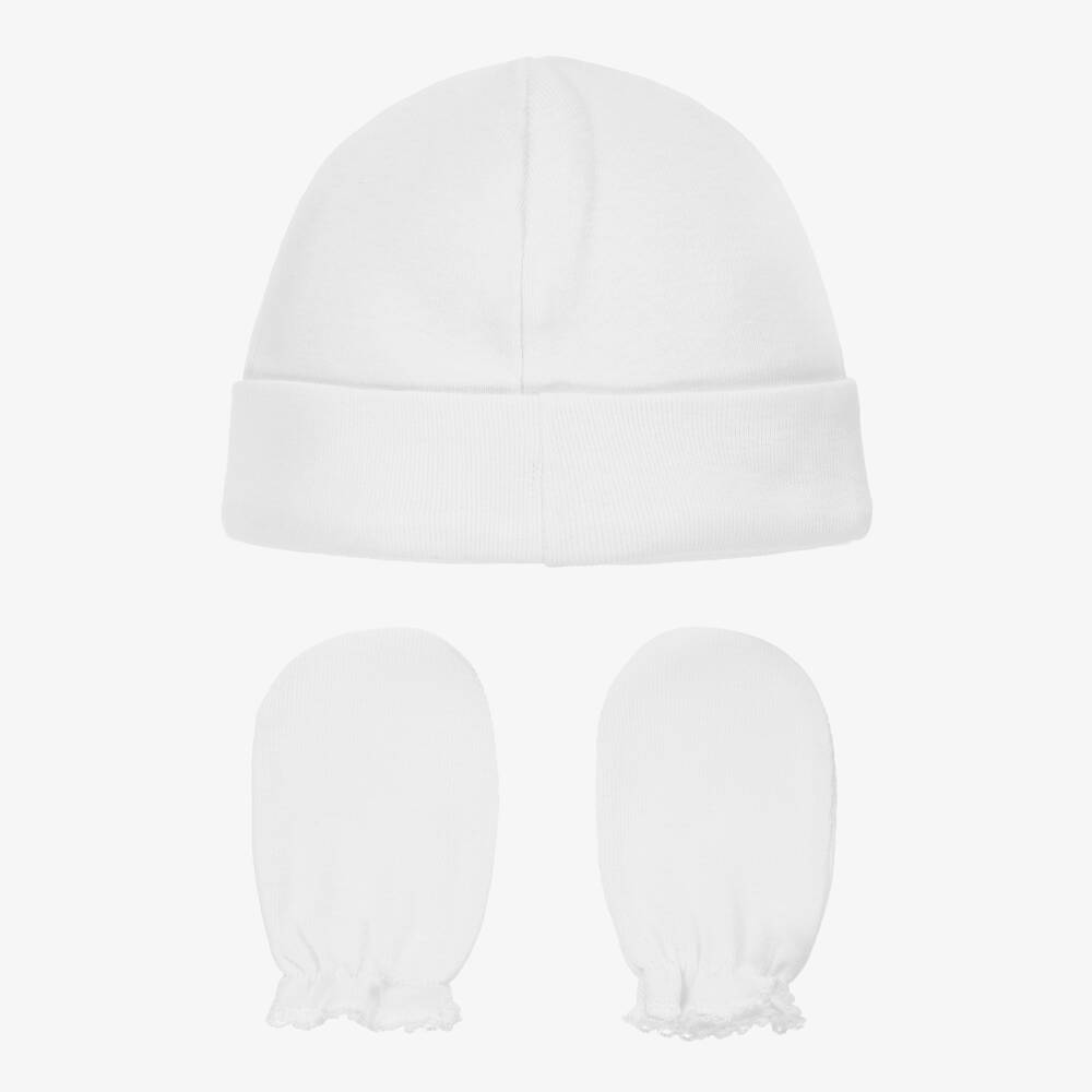 Babidu-White Cotton Baby Hat & Mittens Set | Childrensalon