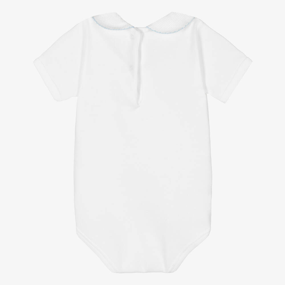 Babidu-White Cotton Bodysuit With Blue Trim Peter Pan Collar | Childrensalon