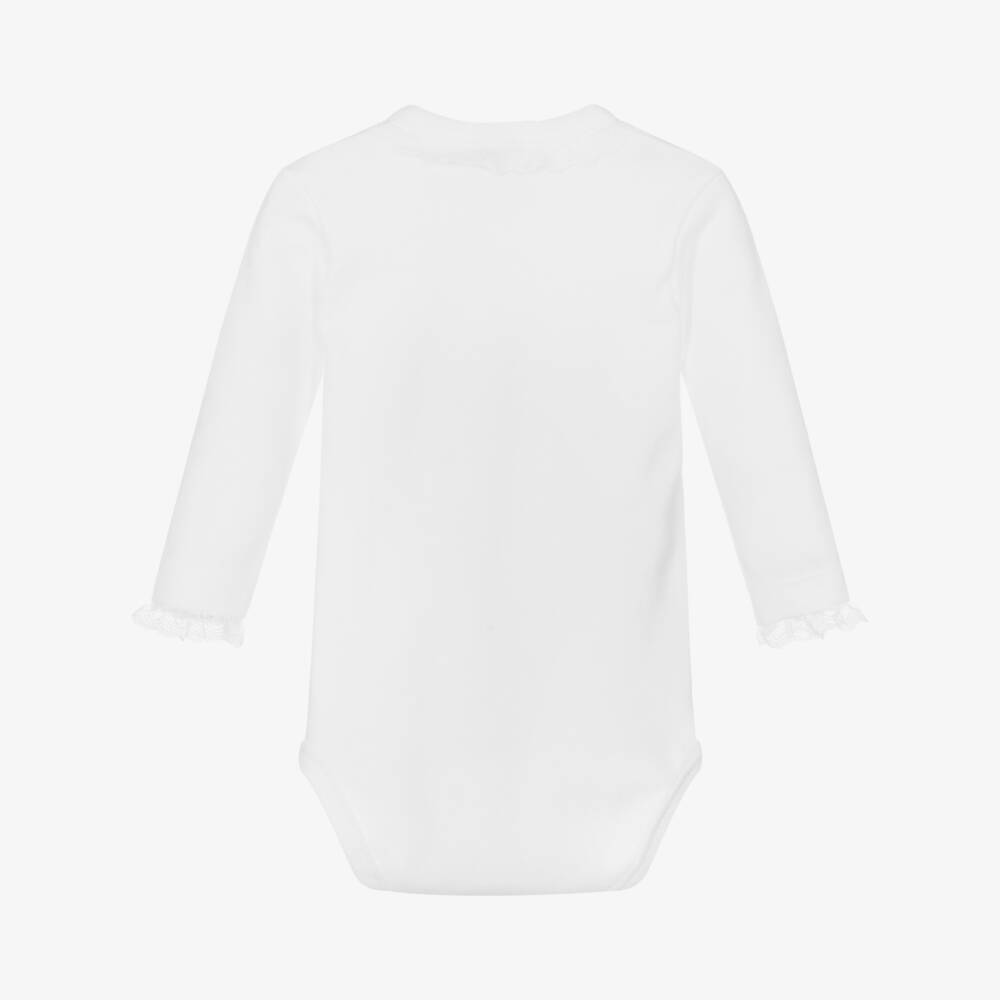Babidu-White Cotton Bodysuit With Lace Trims | Childrensalon