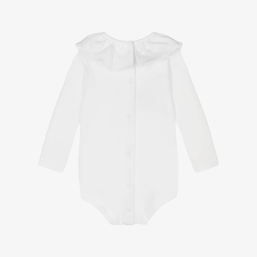 Babidu-White Cotton Bodysuit With Ruffle Collar | Childrensalon
