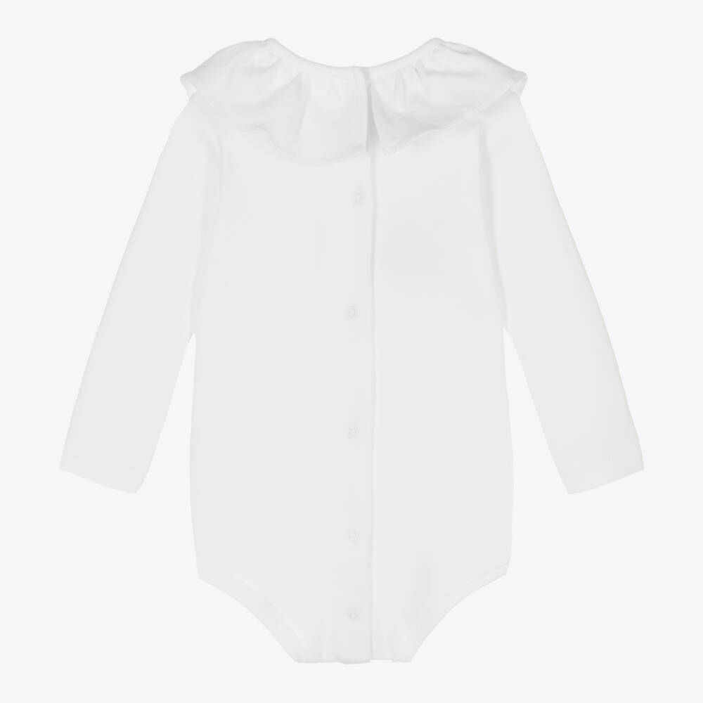Babidu-White Cotton Bodysuit With Ruffle Collar | Childrensalon