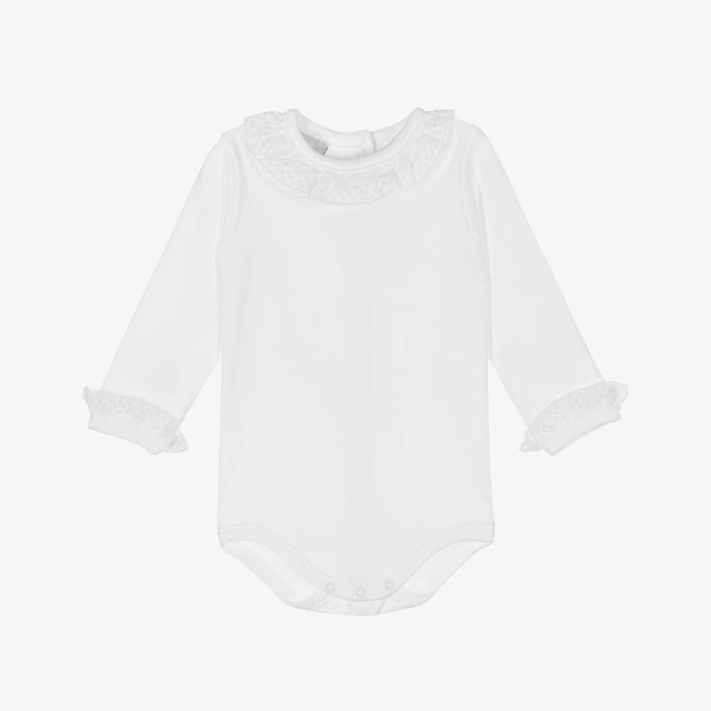 Babidu-White Cotton Bodysuit With White Embroidered Trims | Childrensalon