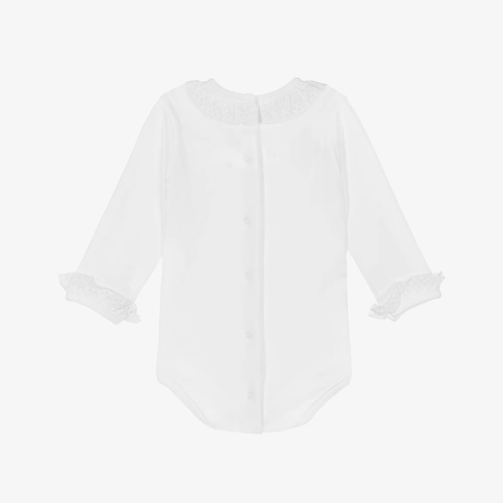 Babidu-White Cotton Bodysuit With White Embroidered Trims | Childrensalon