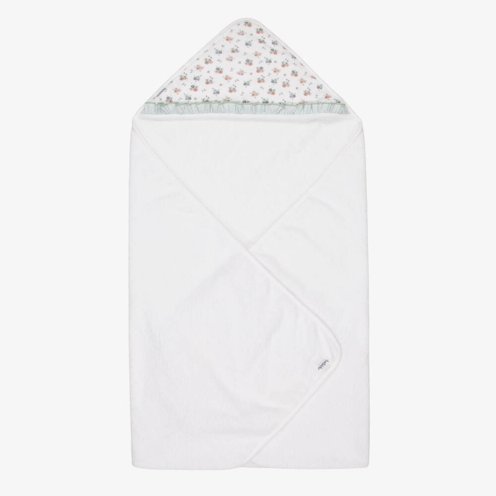 Babidu-White Cotton Floral Hooded Towel with Gingham Frill (100cm) | Childrensalon