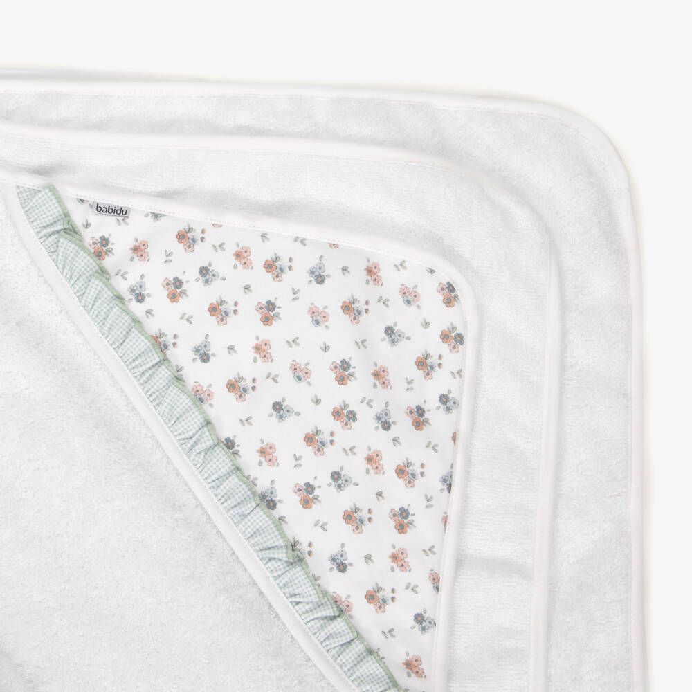 Babidu-White Cotton Floral Hooded Towel with Gingham Frill (100cm) | Childrensalon