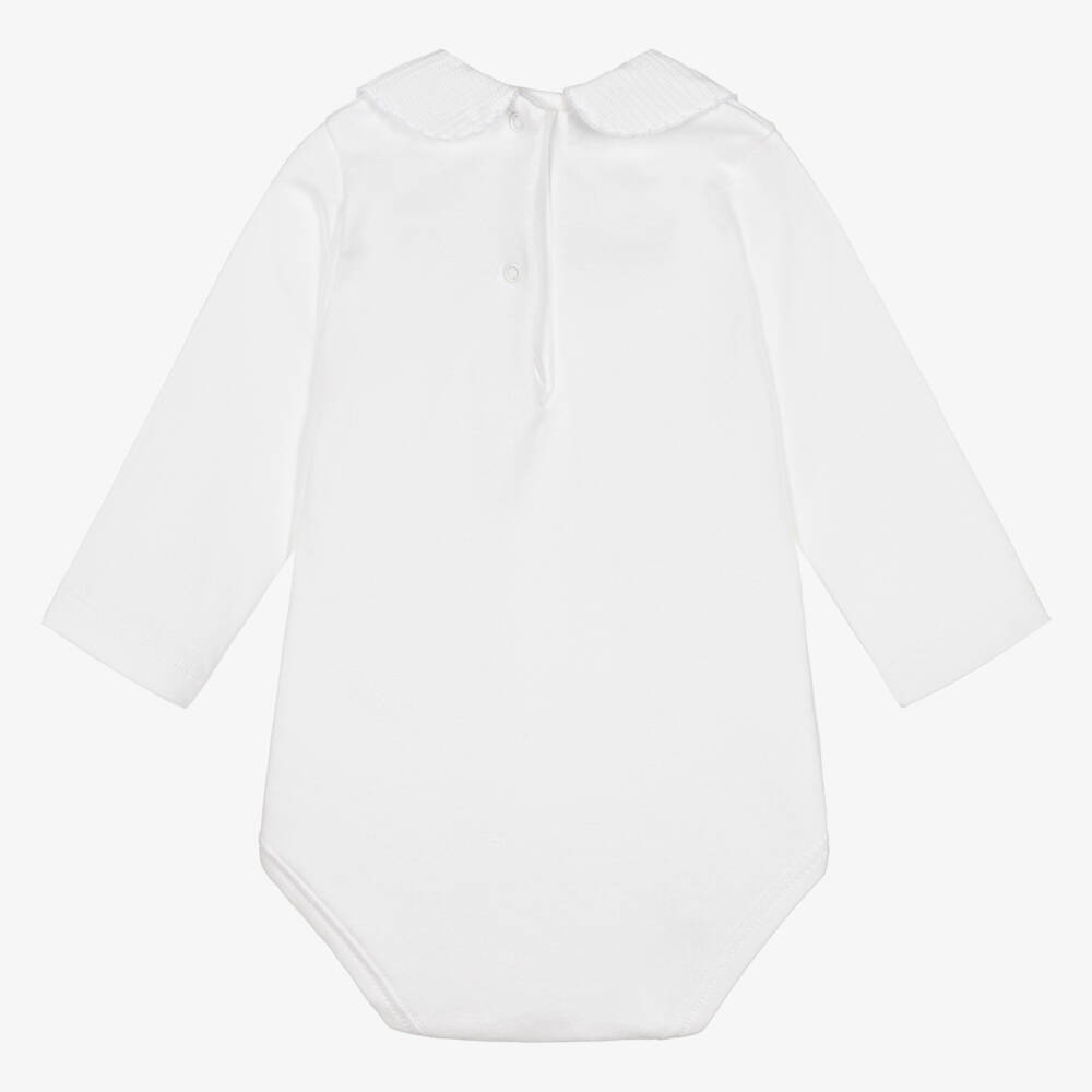 Babidu-White Cotton Jersey Long-Sleeved Bodysuit With Collar | Childrensalon