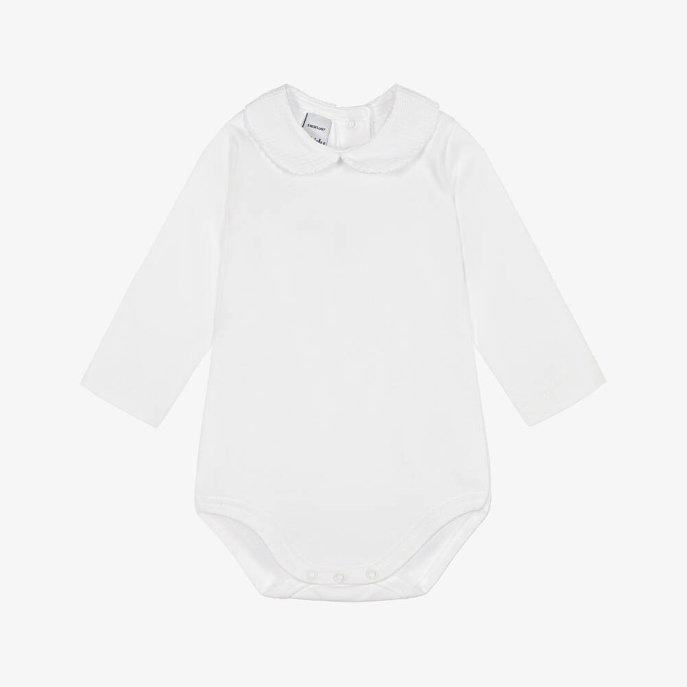 Babidu-White Cotton Jersey Long-Sleeved Bodysuit With Collar | Childrensalon