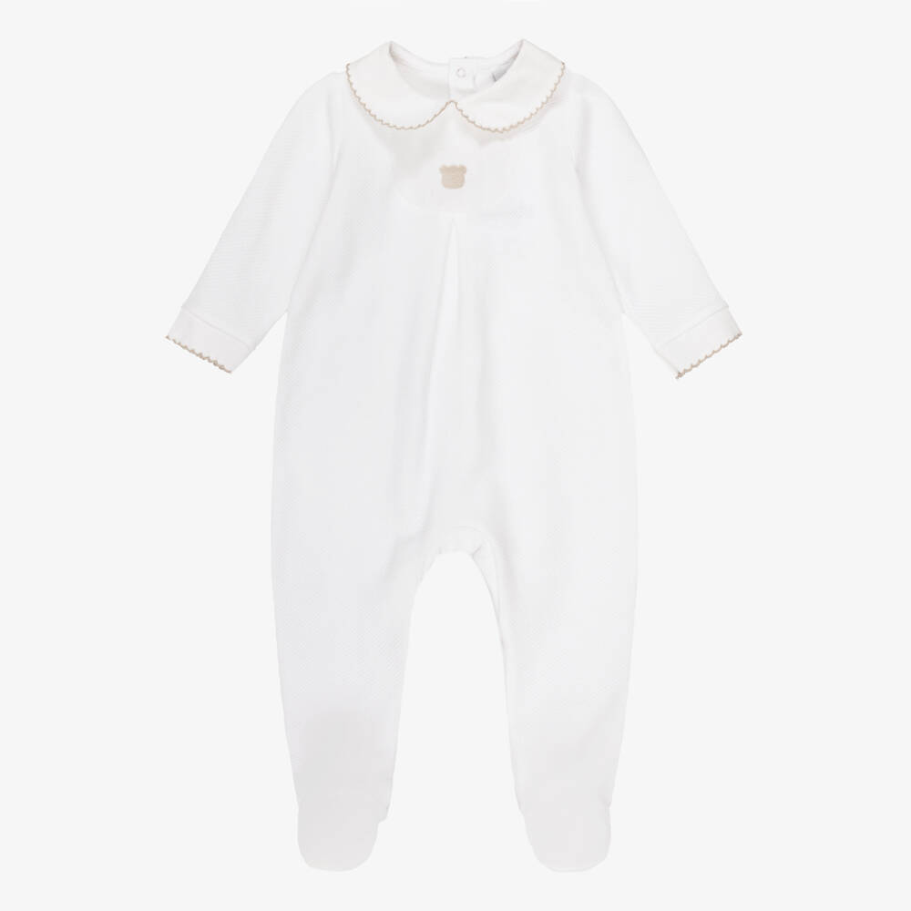 Babidu-White Cotton Piqué Babygrow with Ivory & Beige Trims | Childrensalon