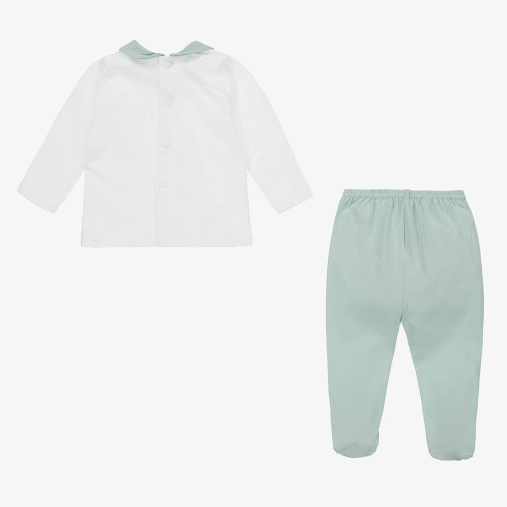 Babidu-White & Green Cotton 2 Piece Babygrow | Childrensalon