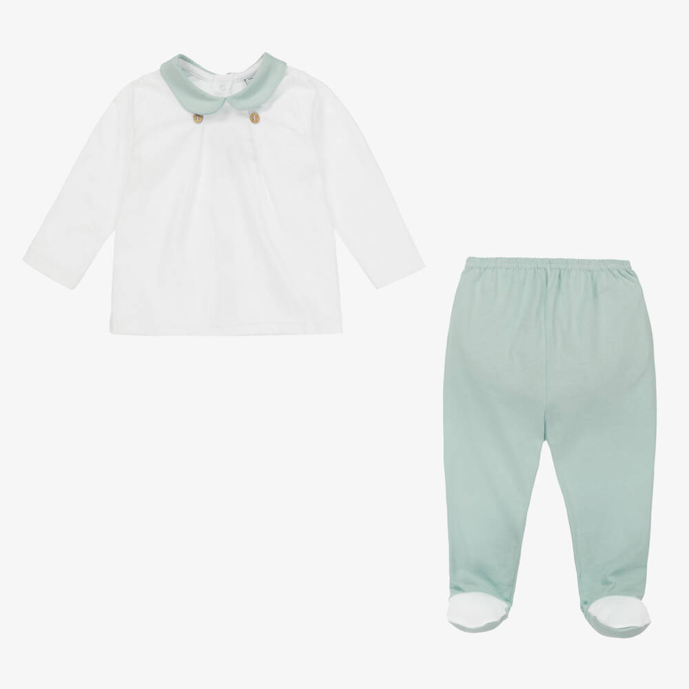 Babidu-White & Green Cotton 2 Piece Babygrow | Childrensalon