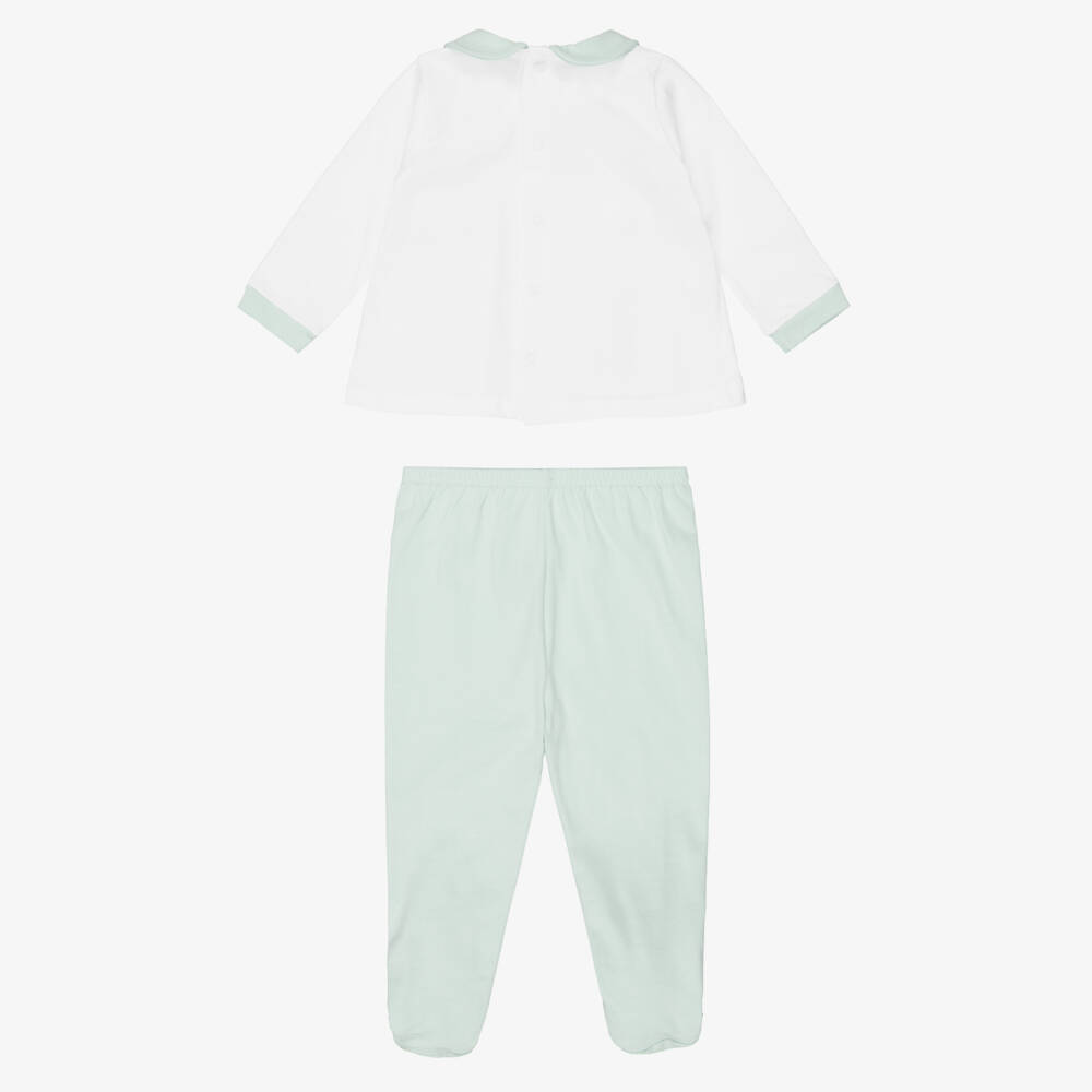 Babidu-White & Green Cotton Jersey 2 Piece Babygrow | Childrensalon