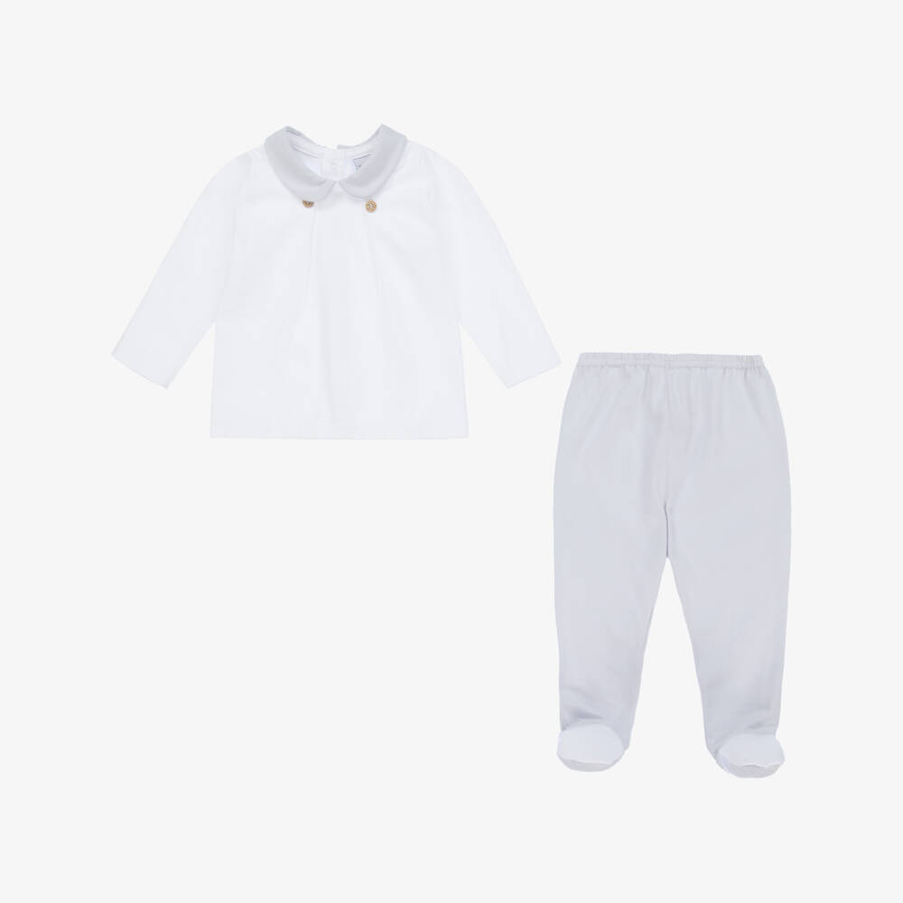 Babidu-White & Grey Cotton 2 Piece Babygrow | Childrensalon