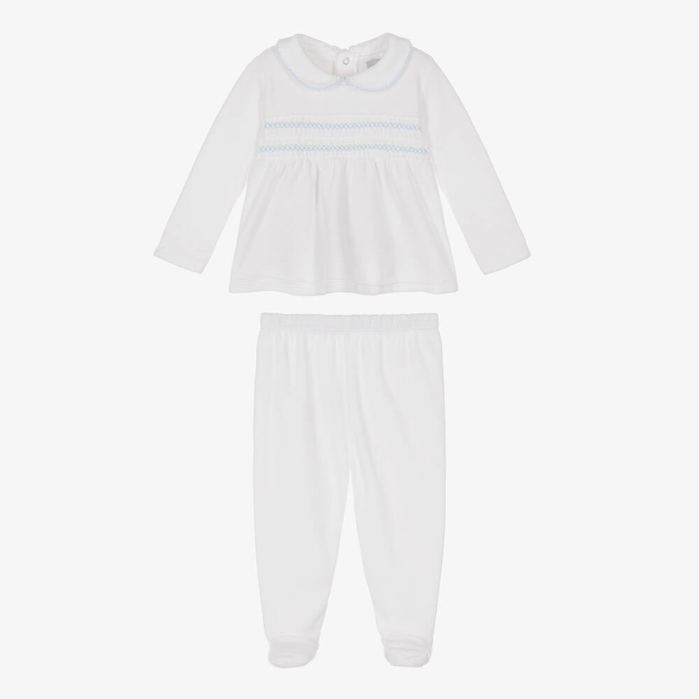 Babidu-White Velour 2 Piece Babygrow with Smocking | Childrensalon