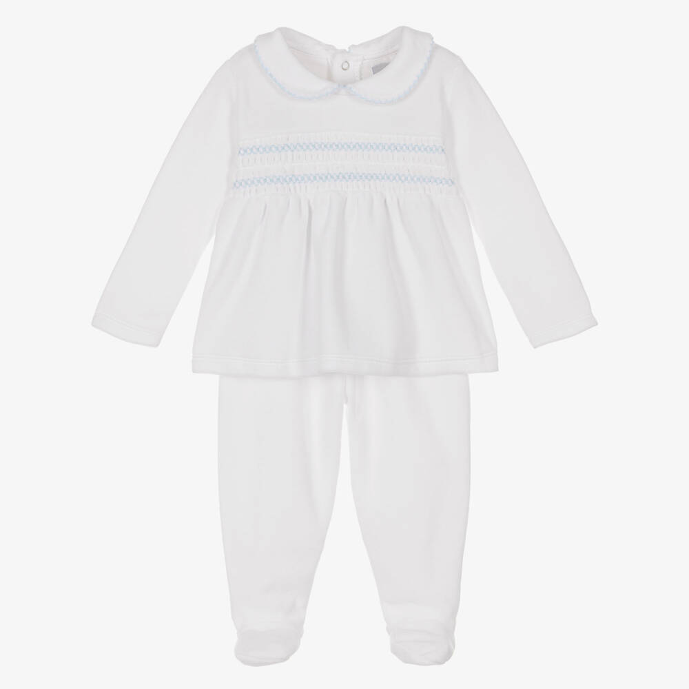 Babidu-White Velour 2 Piece Babygrow with Smocking | Childrensalon