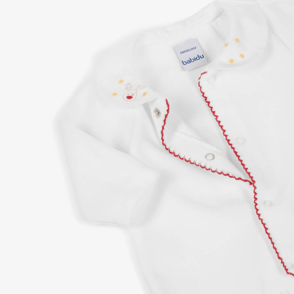 Babidu-White Velour Babygrow with Festive Reindeer Embroidery | Childrensalon