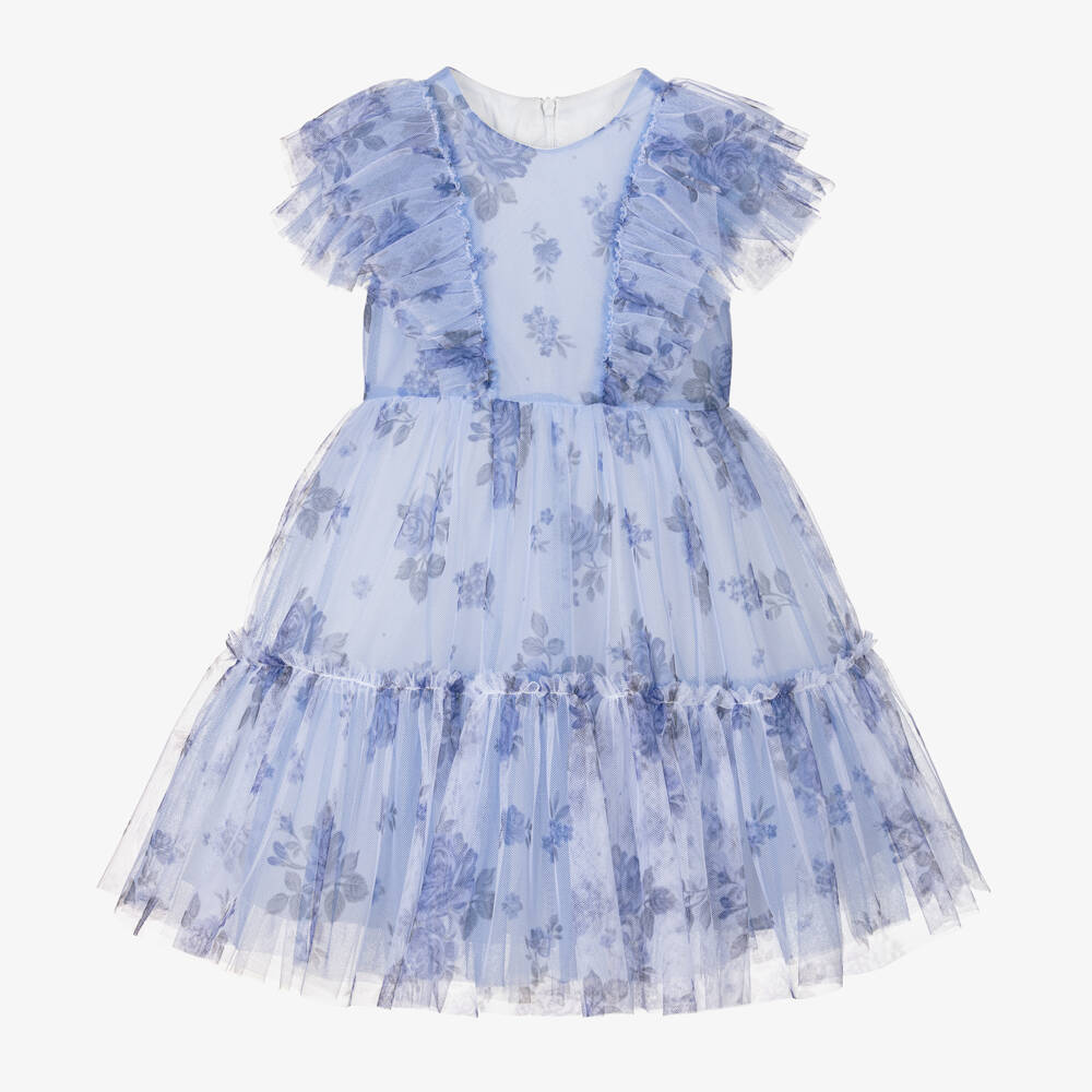 Sophie & Lucas Girls Blue Floral Bouncy Blooms Float Dress - White Bow on Back main image 1