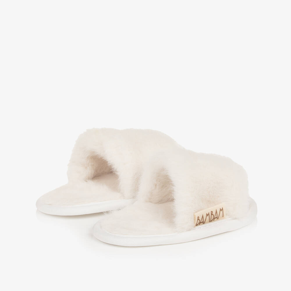Bam Bam-Ivory Faux Fur Keepsake Slippers | Childrensalon