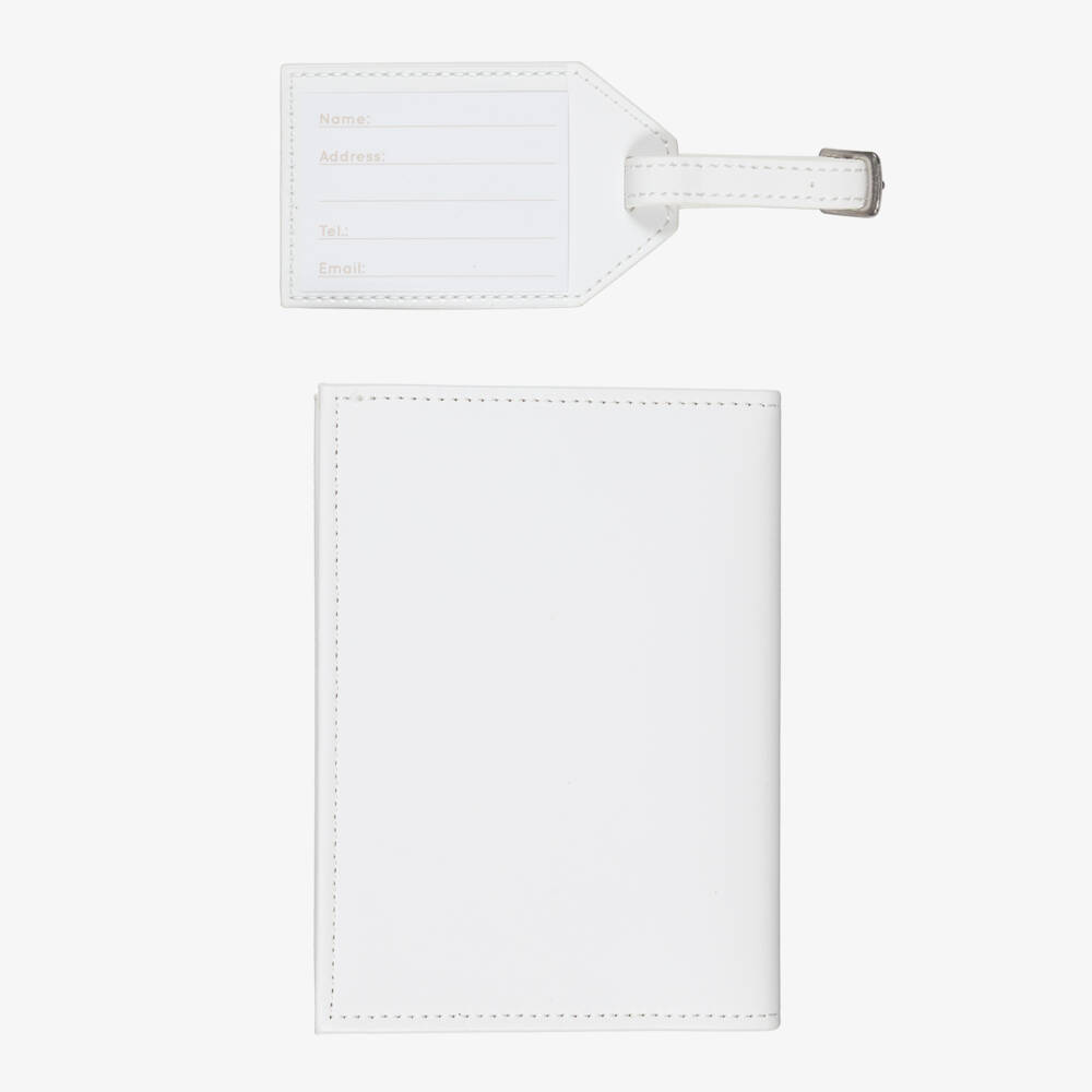 Bam Bam-White Faux Leather Passport Holder & Luggage Tag Set | Childrensalon
