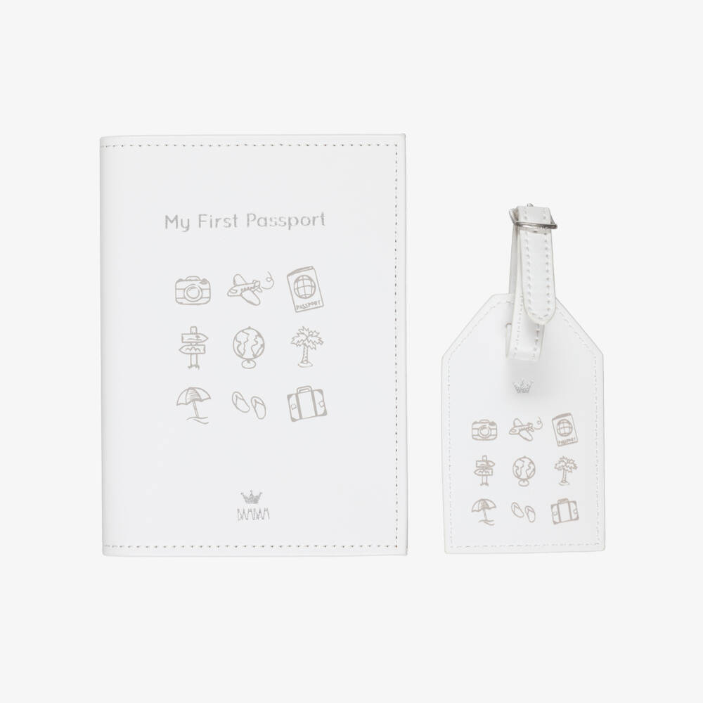 Bam Bam-White Faux Leather Passport Holder & Luggage Tag Set | Childrensalon