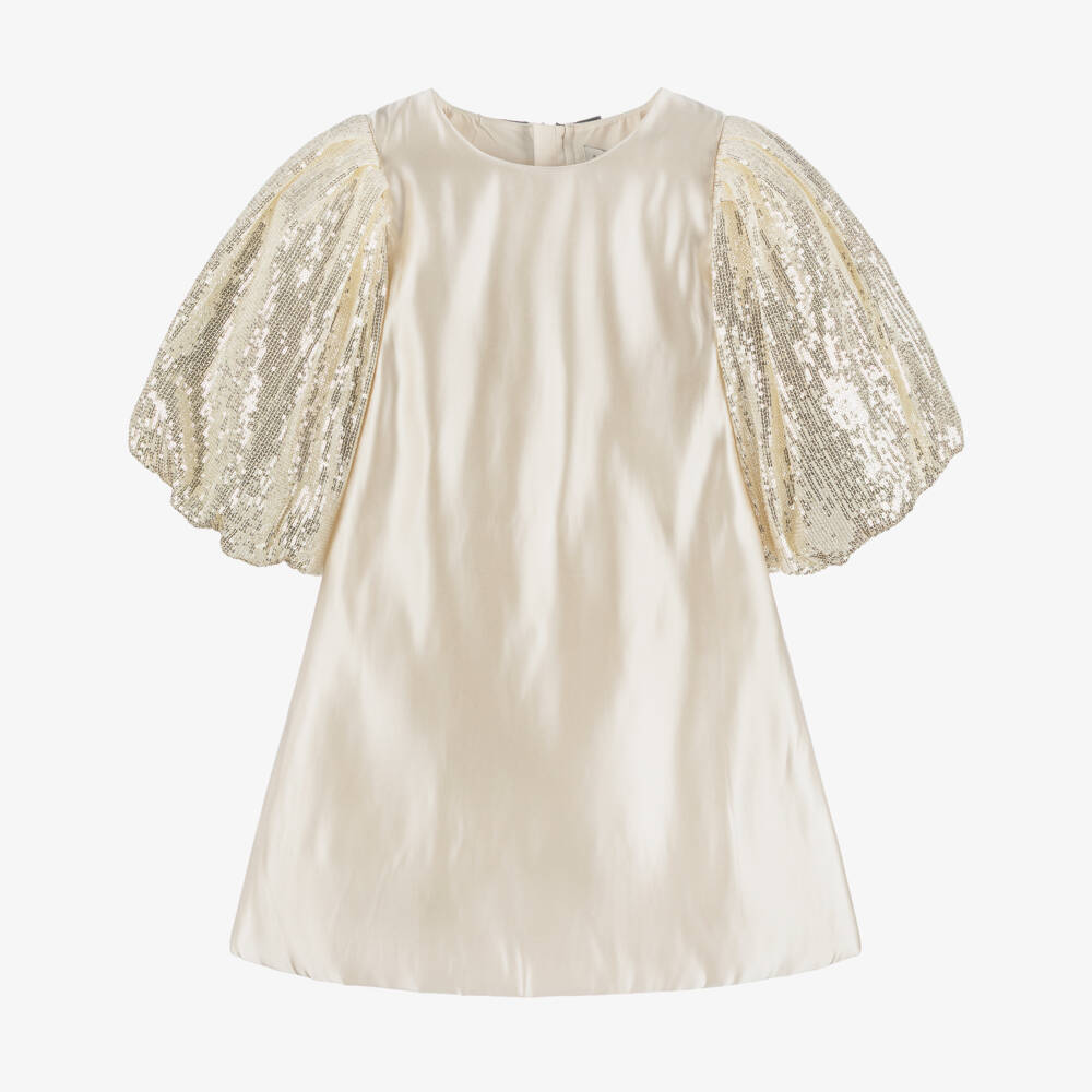 BCBGMAXAZRIA-Girls Beige Satin Dress with Sequinned Puffball Sleeves | Childrensalon