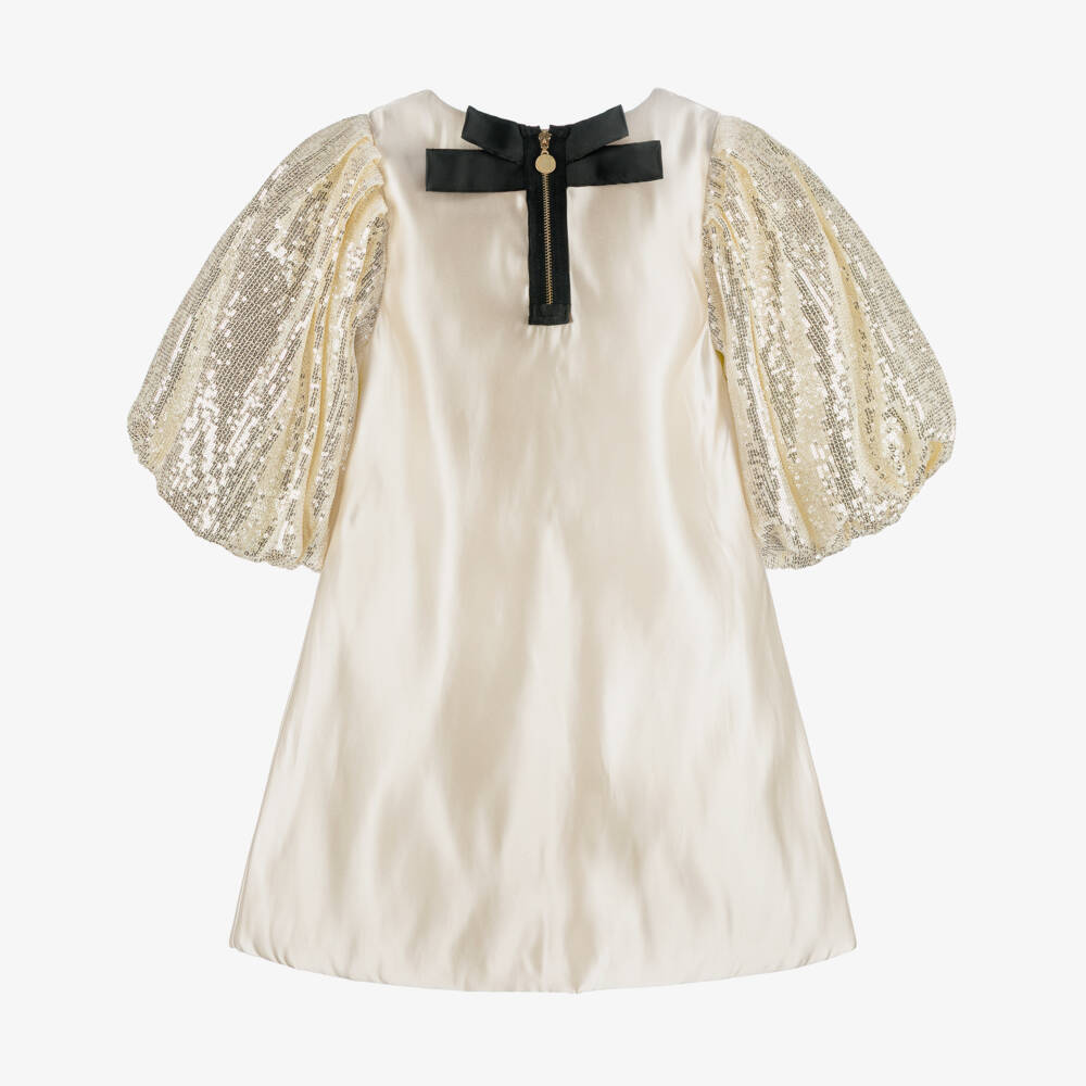 BCBGMAXAZRIA-Girls Beige Satin Dress with Sequinned Puffball Sleeves | Childrensalon