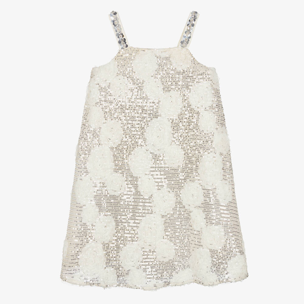 BCBGMAXAZRIA-Girls Gold Sequin Dress with Ivory Tulle Florals | Childrensalon