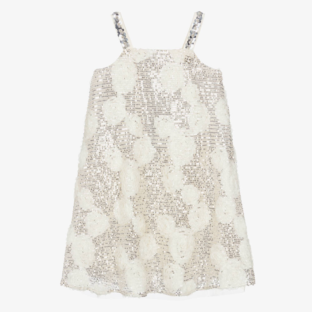 BCBGMAXAZRIA-Girls Gold Sequin Dress with Ivory Tulle Florals | Childrensalon