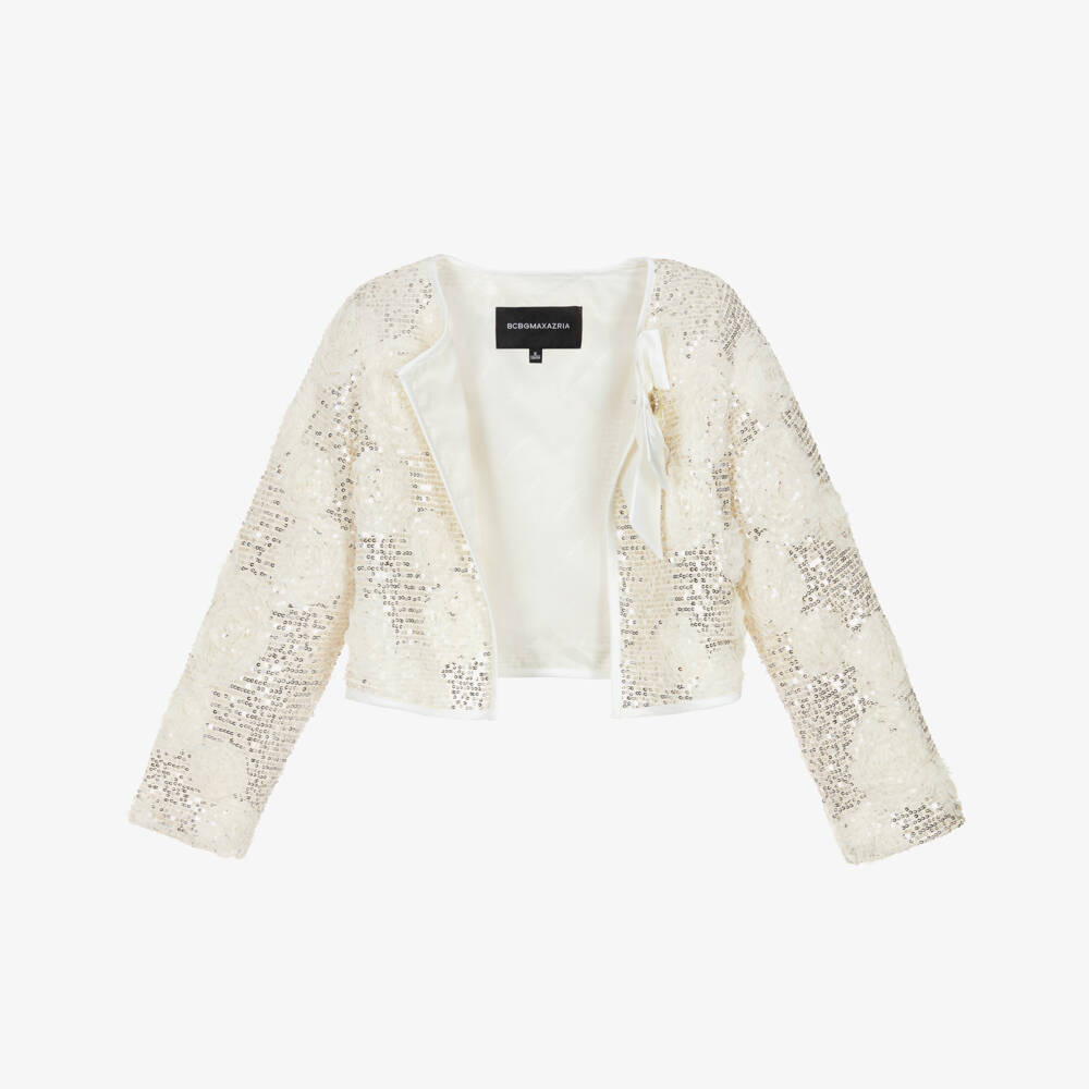 BCBGMAXAZRIA-Girls Gold Sequin Jacket with Ivory Tulle Florals | Childrensalon