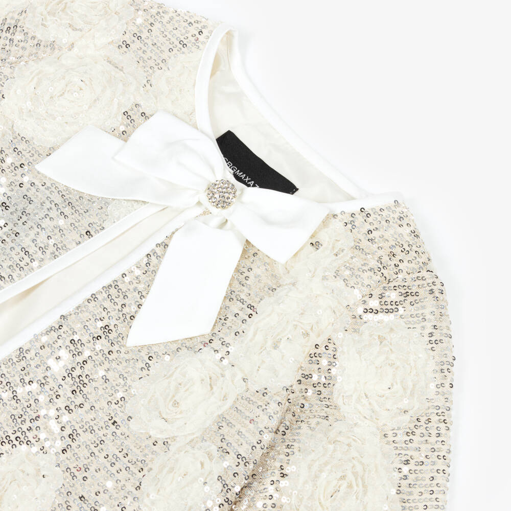 BCBGMAXAZRIA-Girls Gold Sequin Jacket with Ivory Tulle Florals | Childrensalon