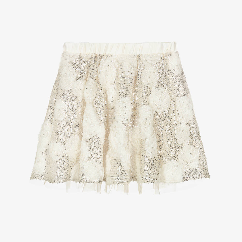 BCBGMAXAZRIA-Girls Gold Sequin Skirt with Ivory Tulle Florals | Childrensalon