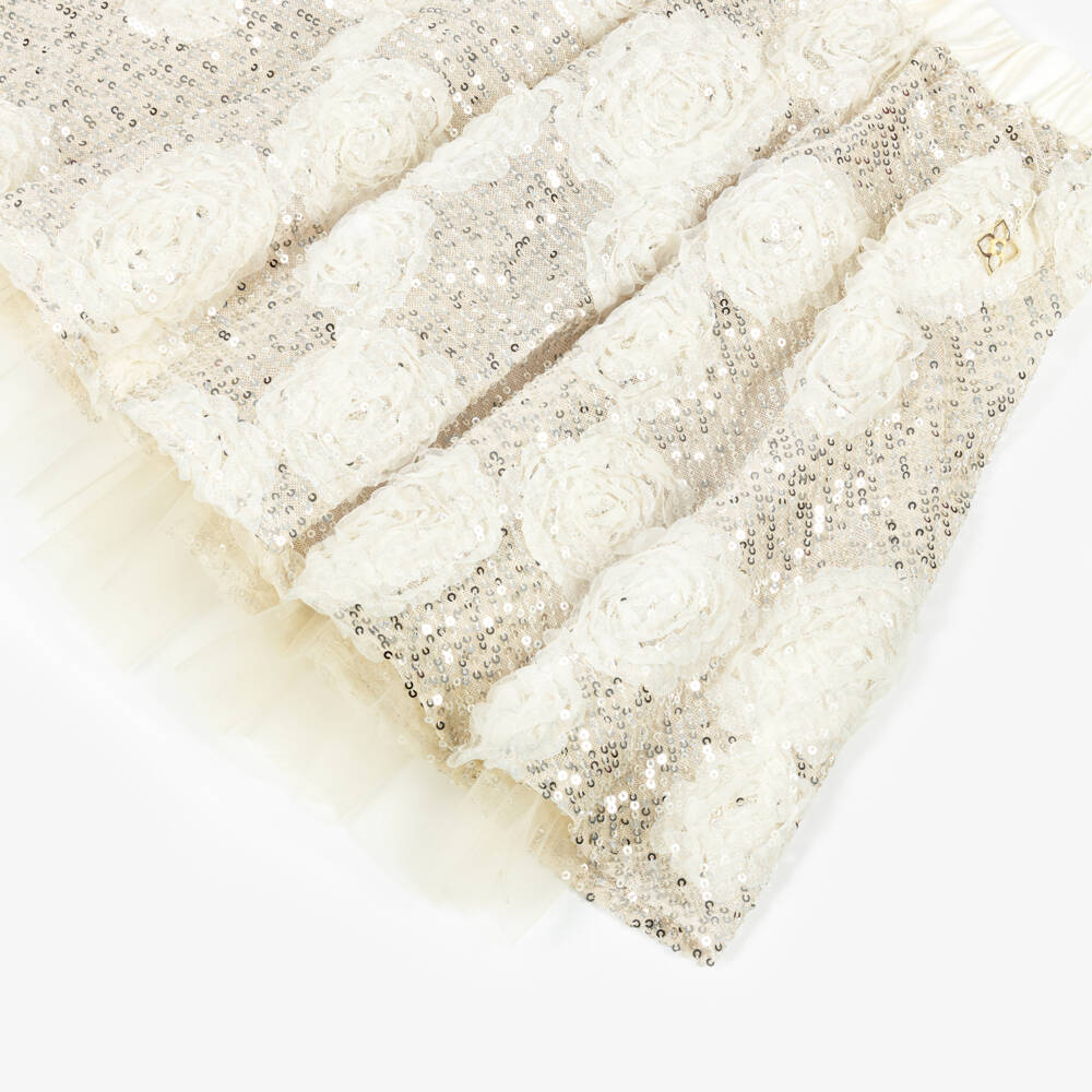 BCBGMAXAZRIA-Girls Gold Sequin Skirt with Ivory Tulle Florals | Childrensalon