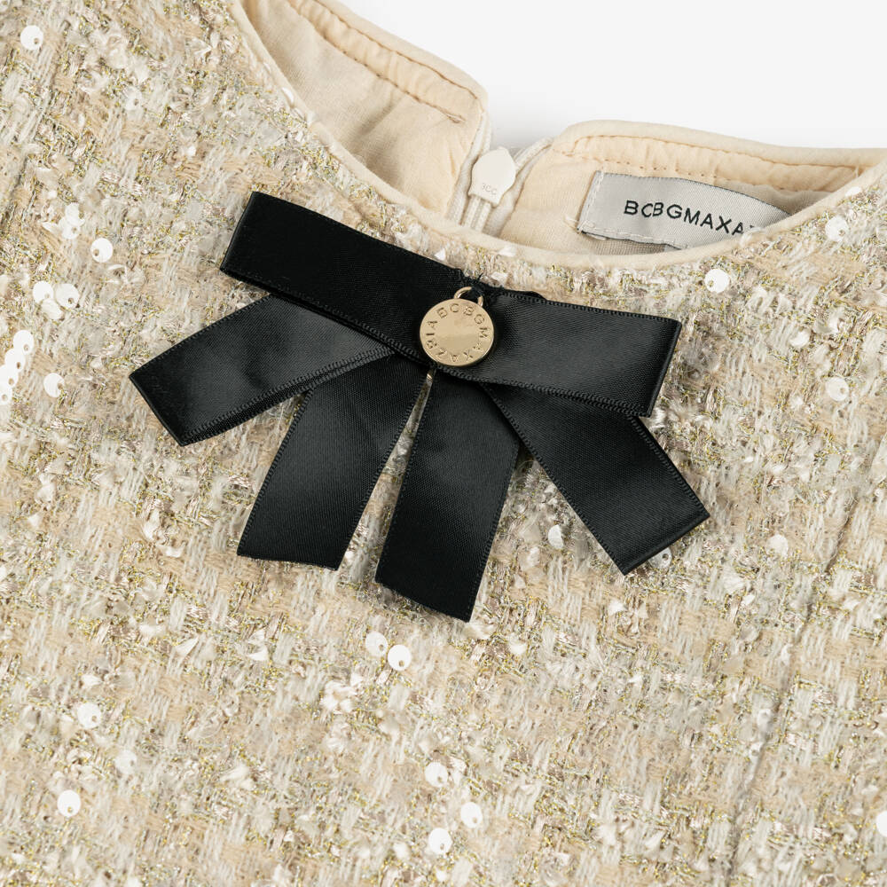 BCBGMAXAZRIA-Girls Gold Sequinned Tweed Dress with Black Satin Bow | Childrensalon
