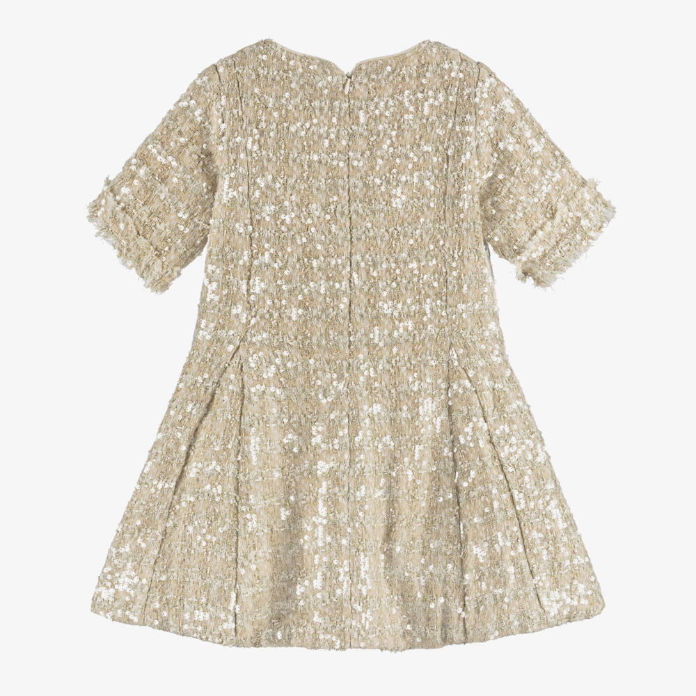 BCBGMAXAZRIA-Girls Gold Sequinned Tweed Dress with Black Satin Bow | Childrensalon