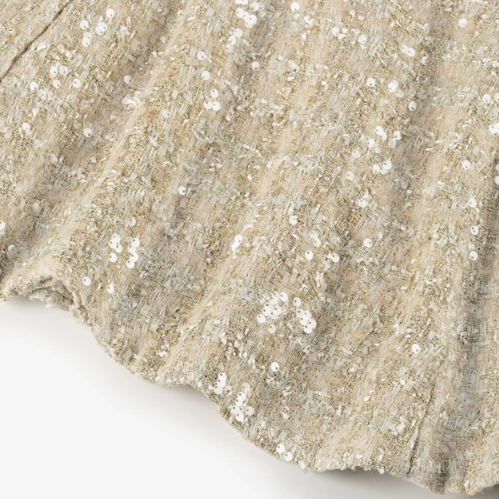 BCBGMAXAZRIA-Girls Gold Sequinned Tweed Dress with Black Satin Bow | Childrensalon