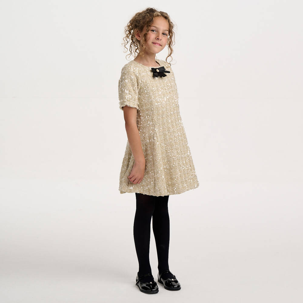 BCBGMAXAZRIA-Girls Gold Sequinned Tweed Dress with Black Satin Bow | Childrensalon