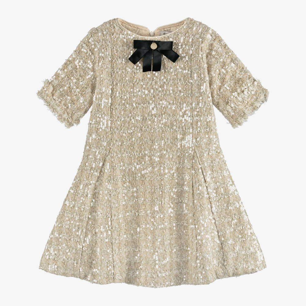 BCBGMAXAZRIA-Girls Gold Sequinned Tweed Dress with Black Satin Bow | Childrensalon