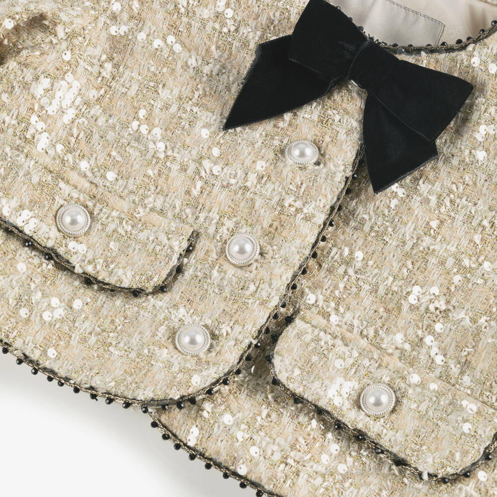 BCBGMAXAZRIA-Жакет золотой твидовый с пайетками и черным бархатным бантом для девочек | Childrensalon