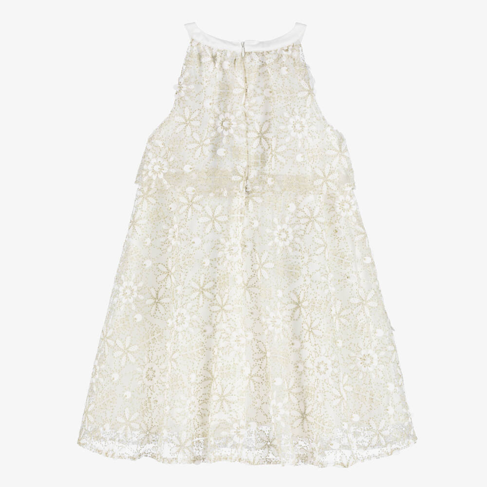 BCBGMAXAZRIA-Girls Ivory & Gold Embroidered Floral Layered Dress | Childrensalon