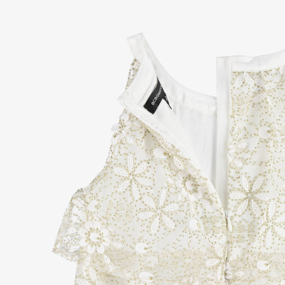 BCBGMAXAZRIA-Girls Ivory & Gold Embroidered Floral Layered Dress | Childrensalon