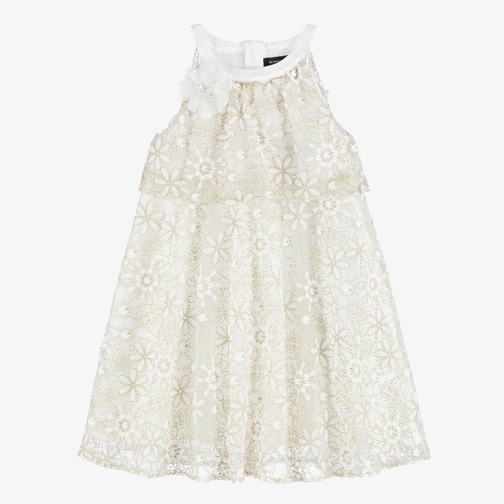 BCBGMAXAZRIA-Girls Ivory & Gold Embroidered Floral Layered Dress | Childrensalon