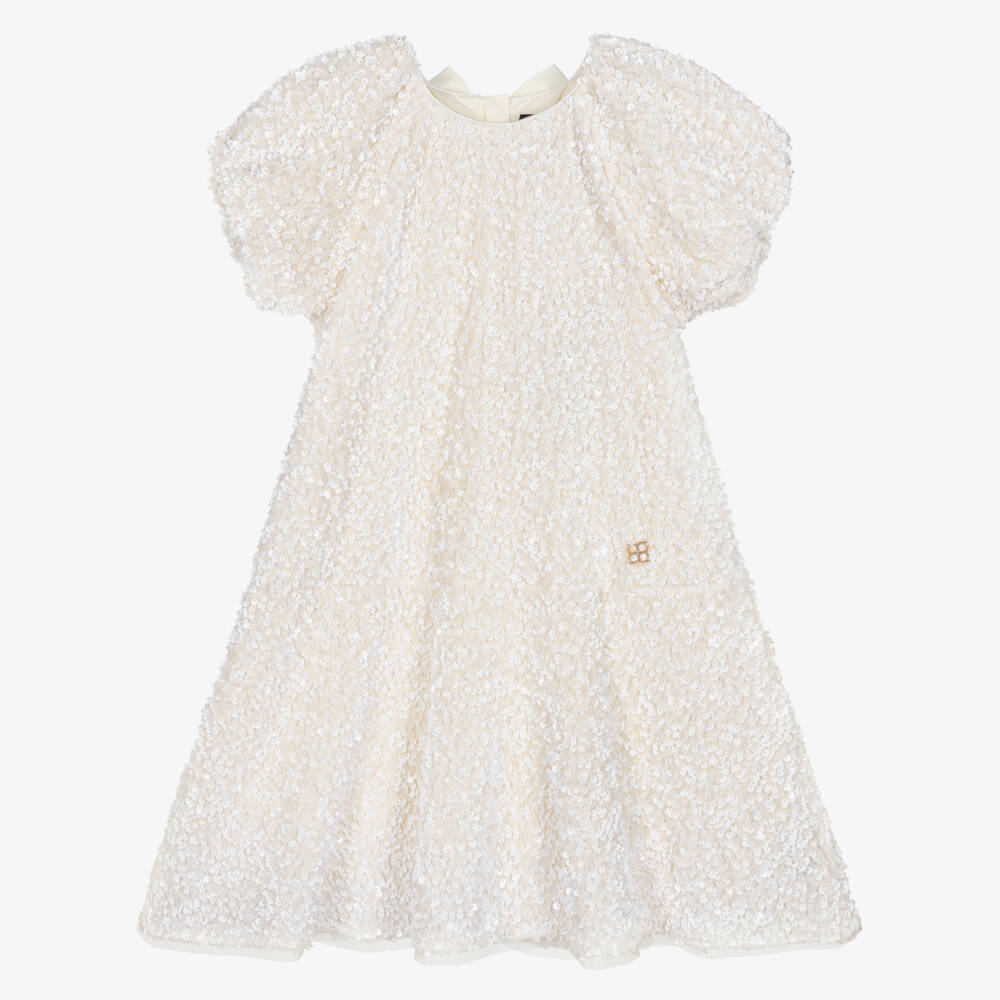 BCBGMAXAZRIA-Girls Ivory Sequin Dress with Grosgrain Bow | Childrensalon