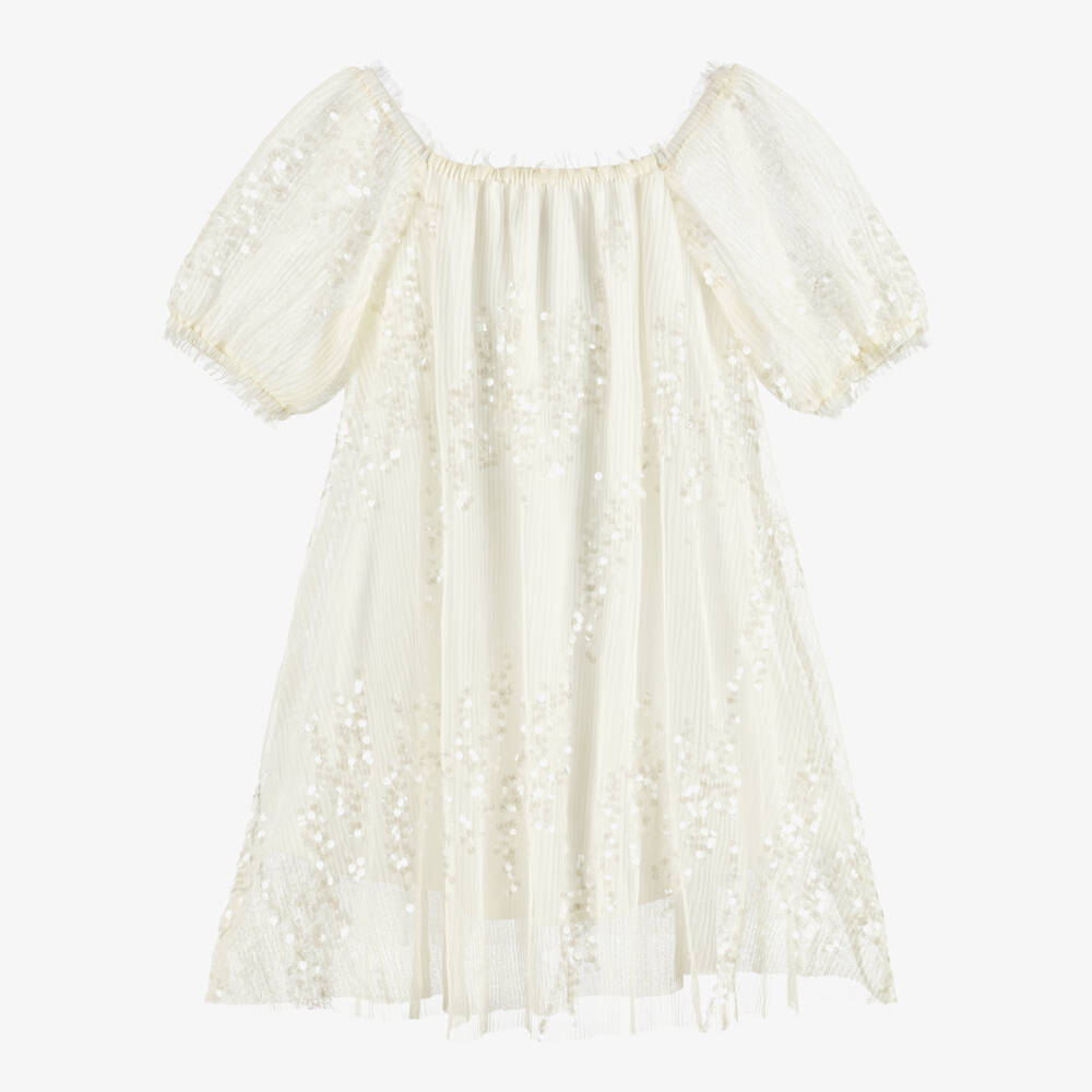 BCBGMAXAZRIA-Girls Ivory Sequinned Tulle Dress | Childrensalon