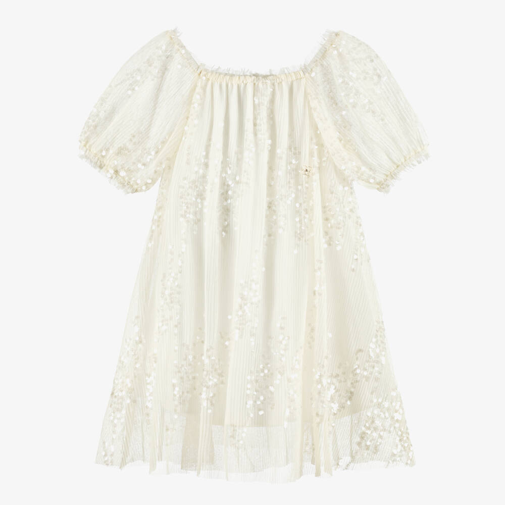 BCBGMAXAZRIA-Girls Ivory Sequinned Tulle Dress | Childrensalon