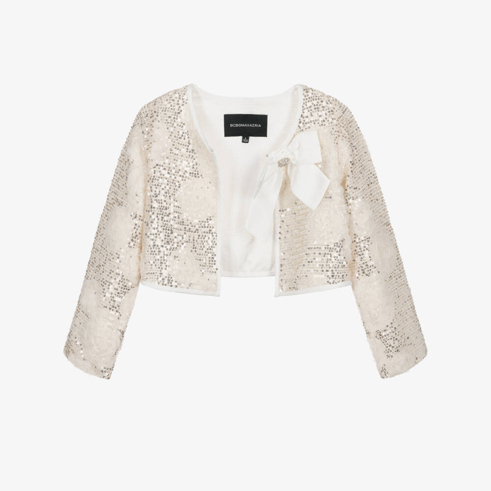 BCBGMAXAZRIA-Girls Ivory Tulle & Silver Sequin Jacket | Childrensalon